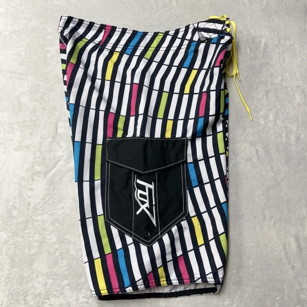 Y2K Fox Racing Board Shorts Mens 32 Fit 31 Colorful Geometric Abstract Big Logo